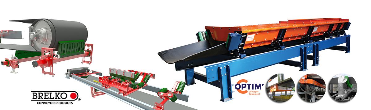 Racleurs, rouleaux et caisson orange sur châssis bleu, avec les logos Brelko Conveyor Products et Optim'